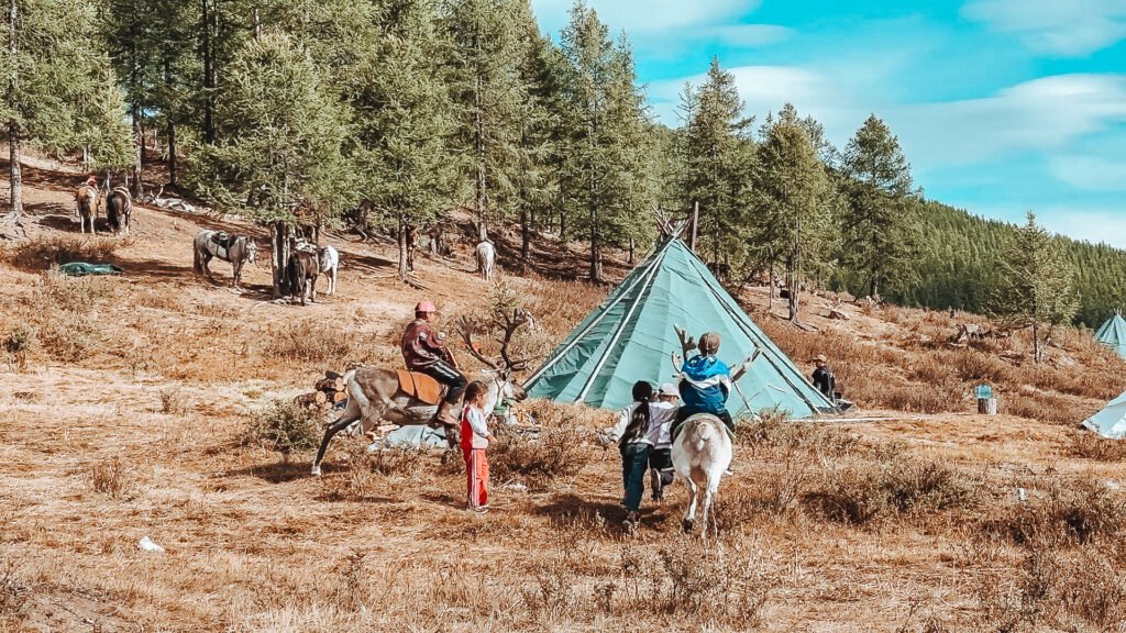 Mongolia reindeer herder tour, kids riding reindeer in East Taiga. 