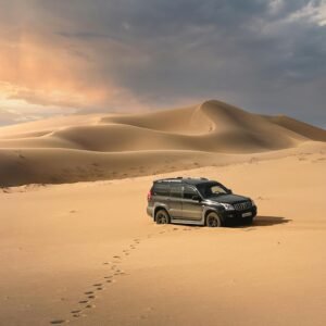 4x4 car driving across Gobi Desert sand dunes Mongolia